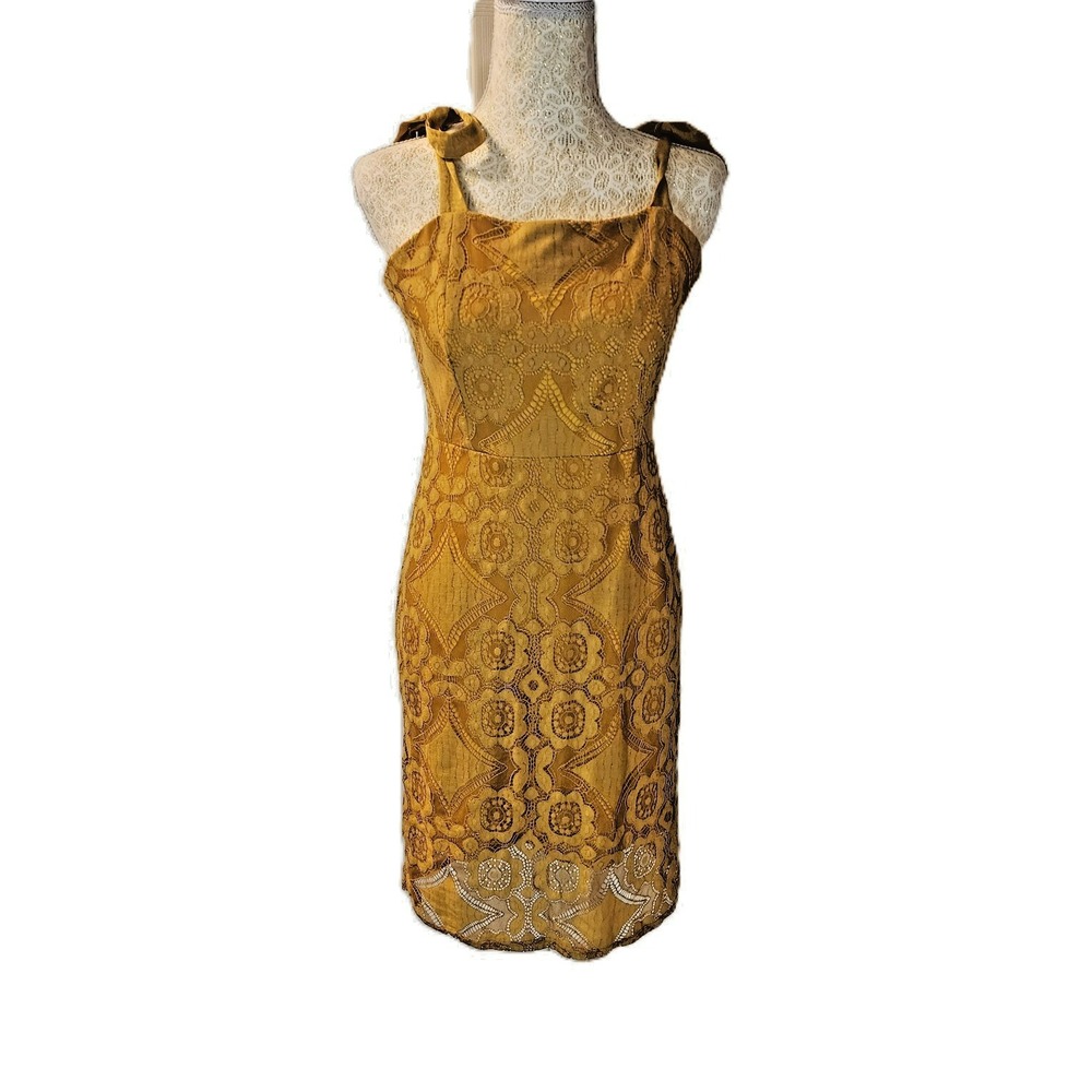 4S3INNA Dress M |‎ Yellow Knee Length | Adjustable Straps Cotton Blend